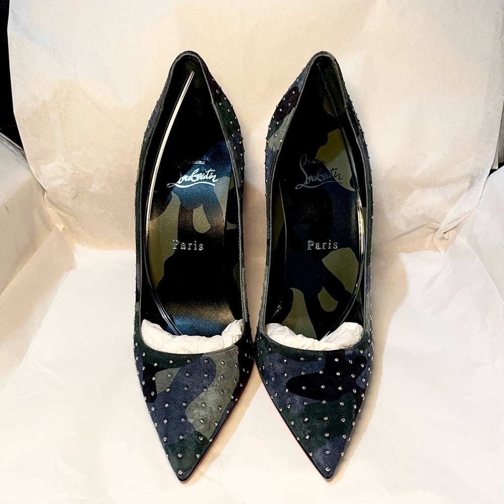 Christian Louboutin Kate 100 Studded blue green camouflage suede stiletto 38